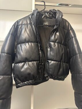 ZARA Black Faux-Leather Cropped Puffer Jacket